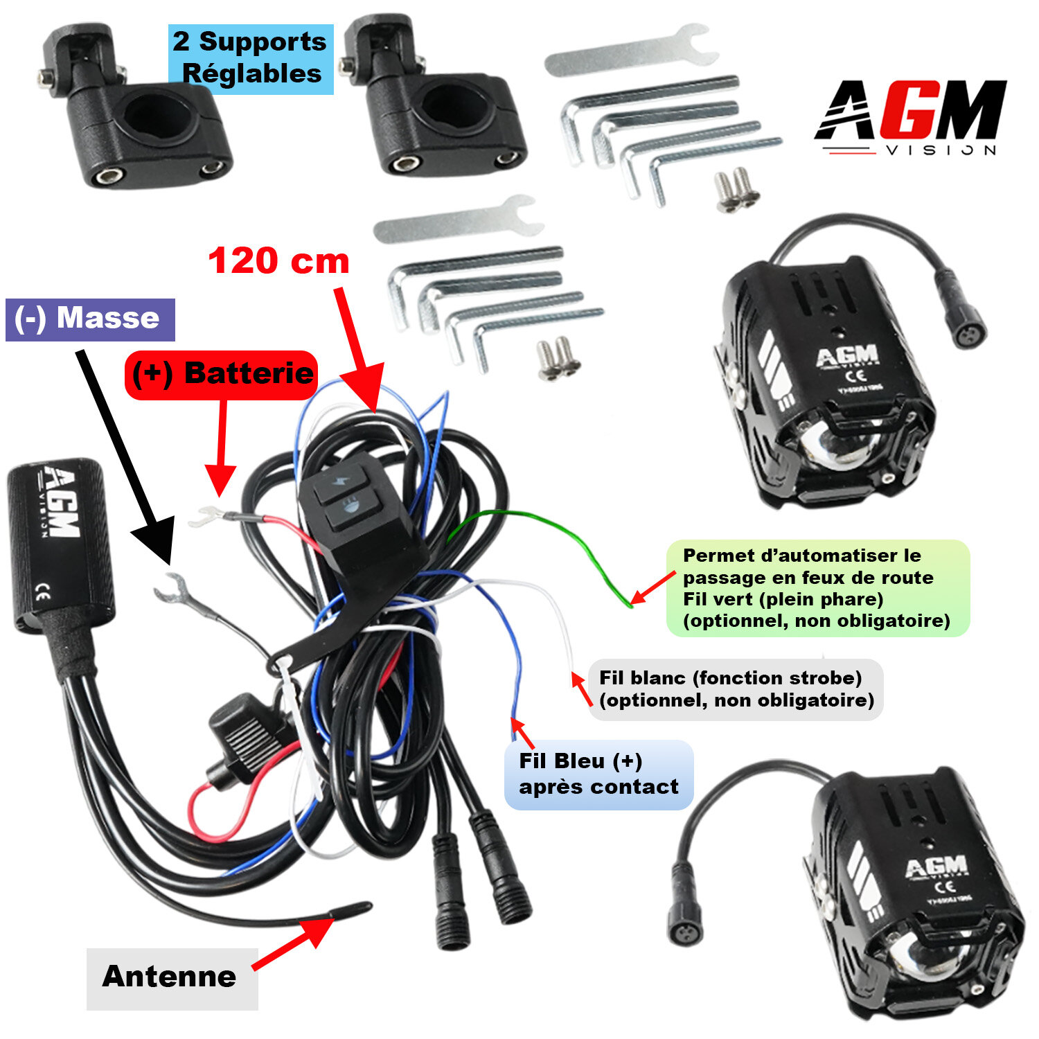 Kit 2 mini phares LED Moto VX-Evo 80 Croisement / Route 80 Watts